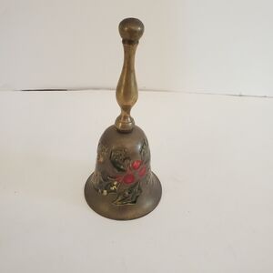 Vintage Brass Christmas Holly Berry Design Holiday Bell Hand Painted